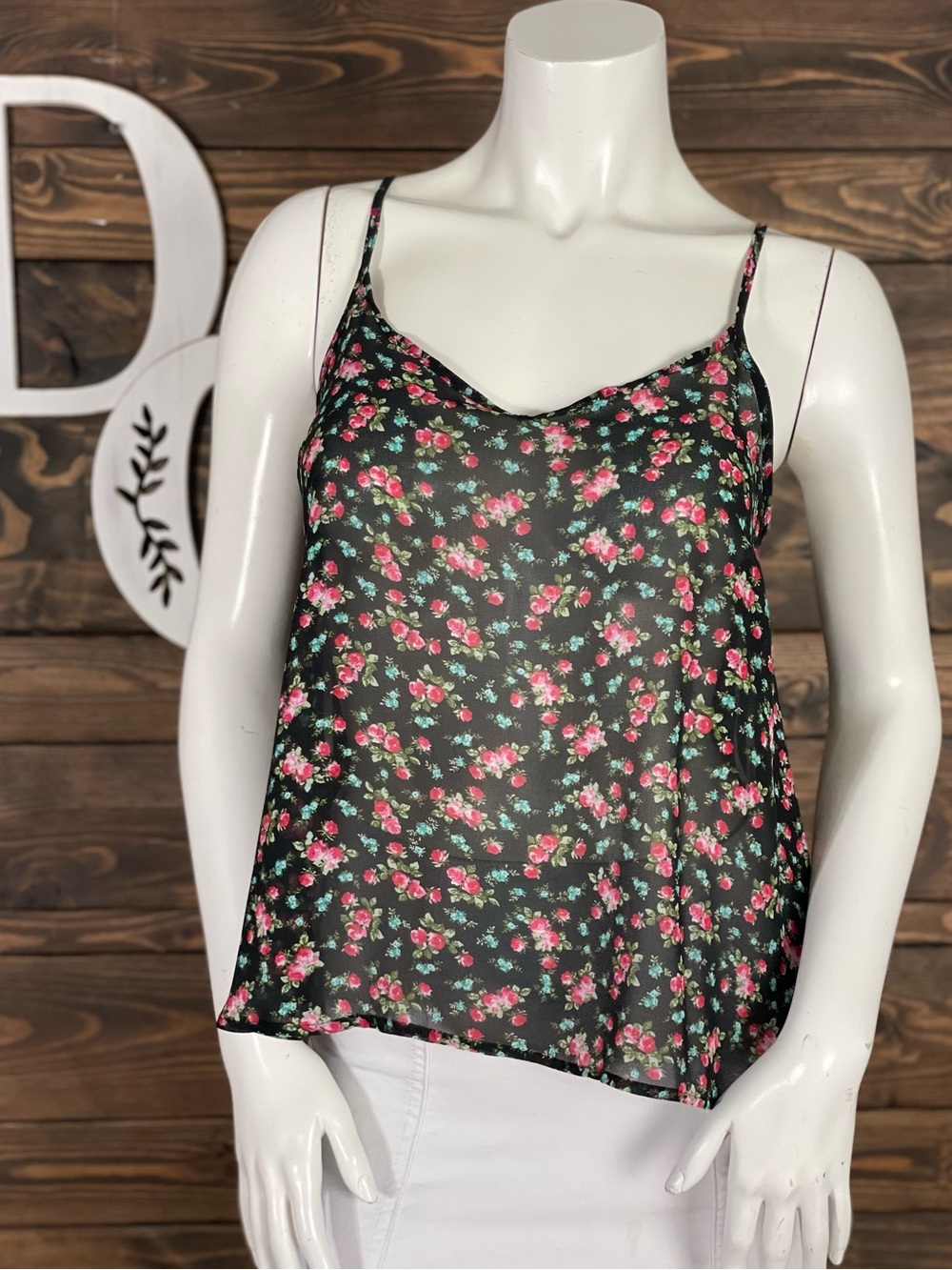 DNA Couture | Floral Black Sheer Spaghetti-Strap Tank Top Open Strappy Back